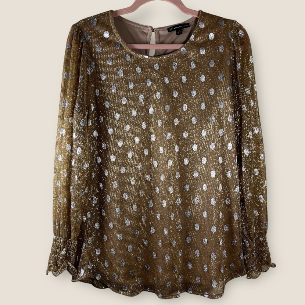Adrianna Papell Women's Polka Dot Shimmer Smocked Long Sleeve Blouse Sz M Glam